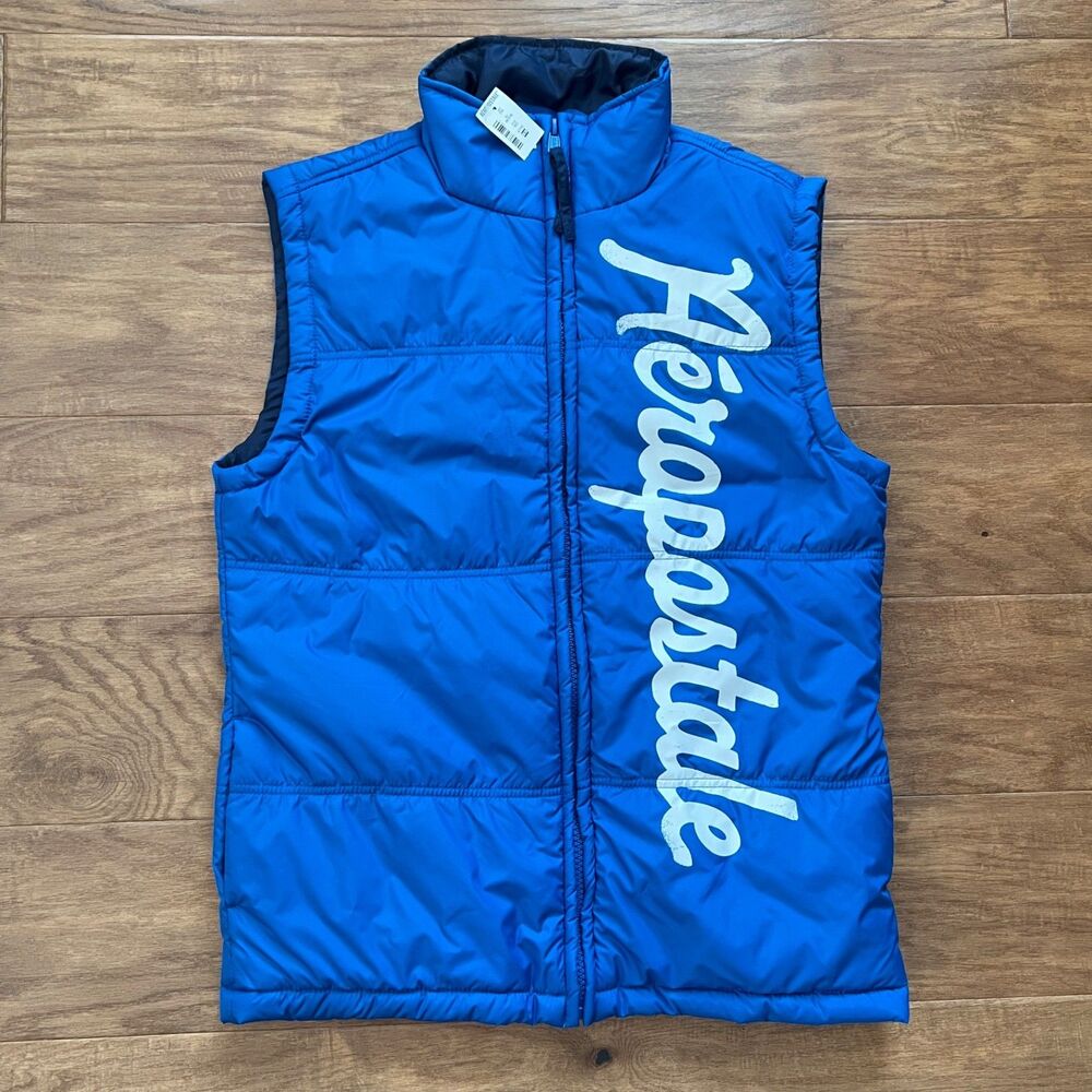 NWT Aeropostale Puffer Vest Spell Out Men's Size M Blue/White